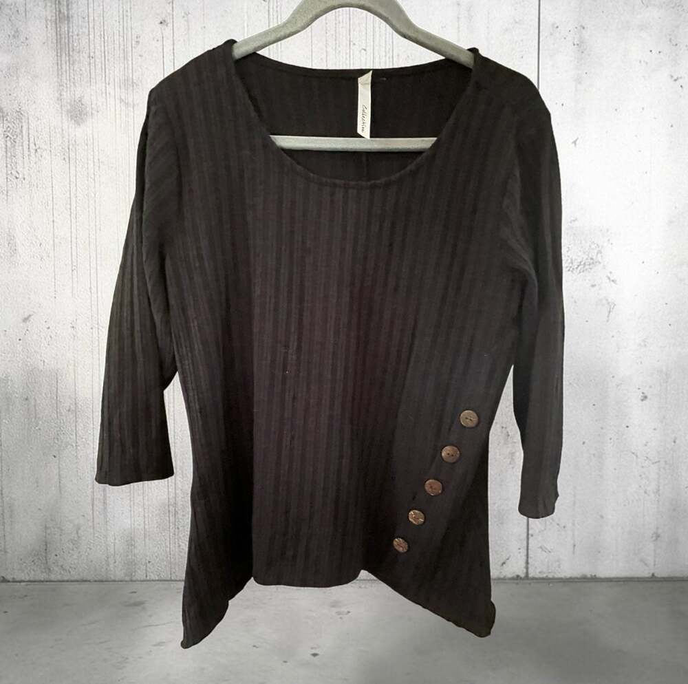 NY Collection Women's Black Ribbed 3/4 Sleeve Tunic Top with Side Button Detail